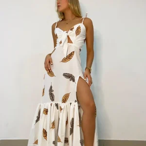 Vestido Largo Blanco de Hojas Marrones