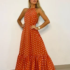 Vestido Largo. Estampado terracota de Puntos Blancos.